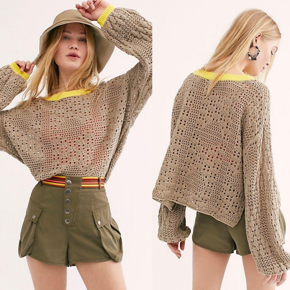 Free People Home Run Open Knit Cropped Balloon Sweater - Picture 1 of 8